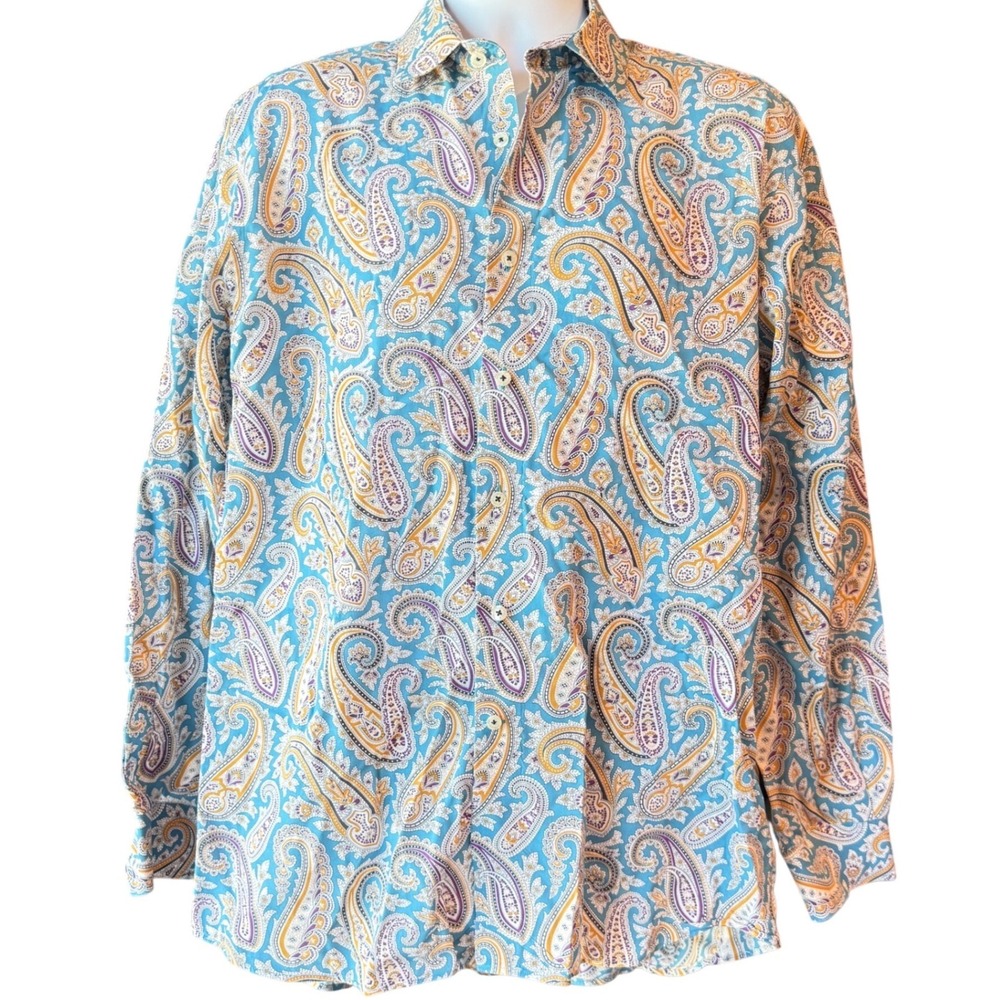 Duchamp London Paisley Button Up Shirt Blue Cotton Size 43 (XL) Tailored Fit